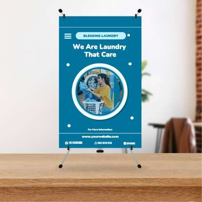 Mini Standing Banner Laundry Model Mesin Cuci Warna Biru - Image 1