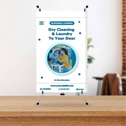 Mini Standing Banner Laundry Dengan Foto Bentuk Bulat - Image 1