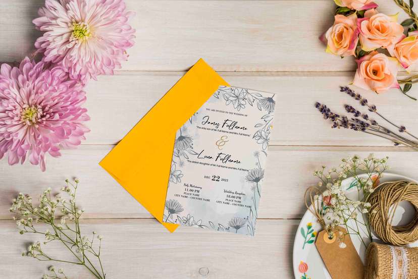 Undangan Pernikahan Minimalis Floral Line Art Nuansa Elegan dengan Amplop Kuning Cerah - Image 2