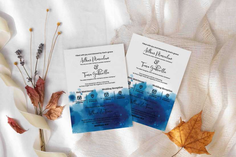 Undangan Pernikahan Elegan Dua Sisi Watercolor Biru Modern - Image 2