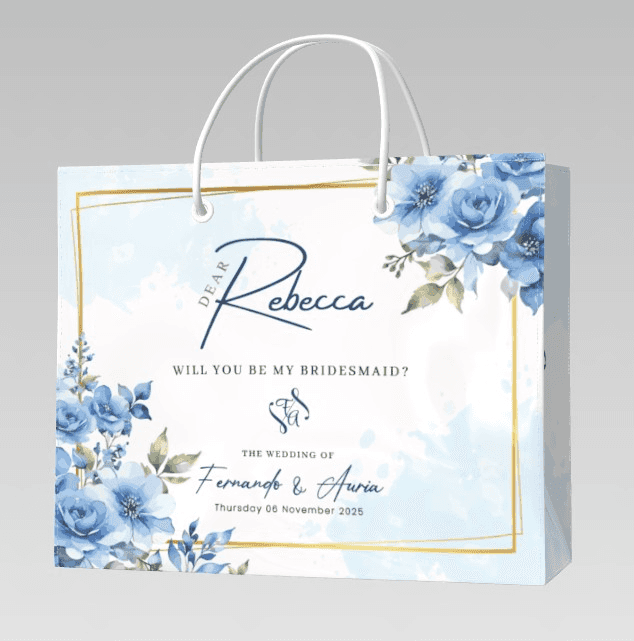 Wedding Gift Paper Bag Bridesmaid & Maid of Honor Blue Floral Elegant - Image 1