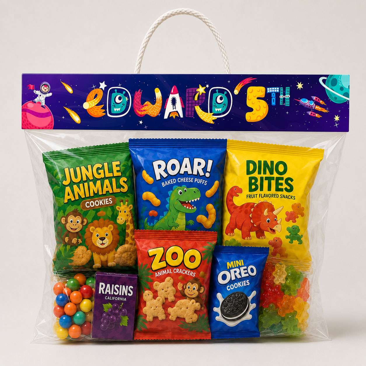 Label Nama Snack Ulang Tahun Tema Space Monster Custom Goodie Bag Birthday Anak - Image 1